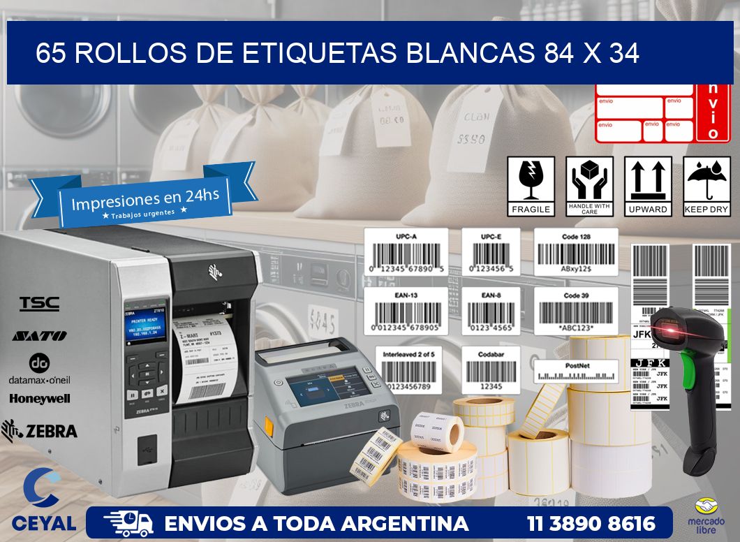 65 ROLLOS DE ETIQUETAS BLANCAS 84 x 34