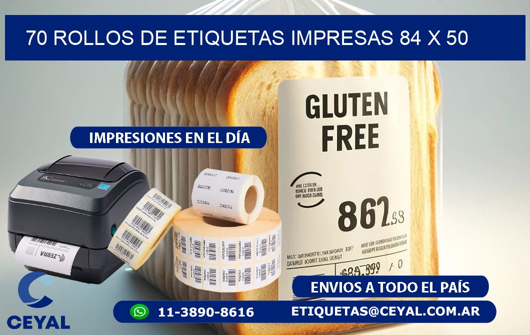 70 ROLLOS DE ETIQUETAS IMPRESAS 84 x 50