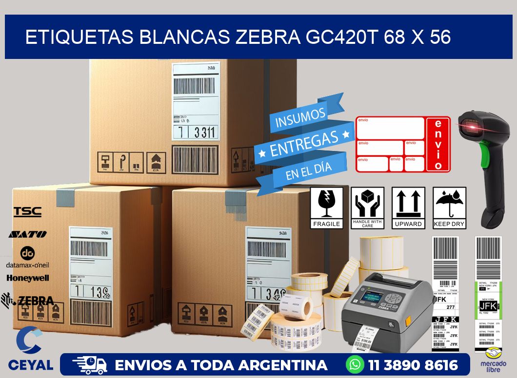 ETIQUETAS BLANCAS ZEBRA GC420T 68 x 56