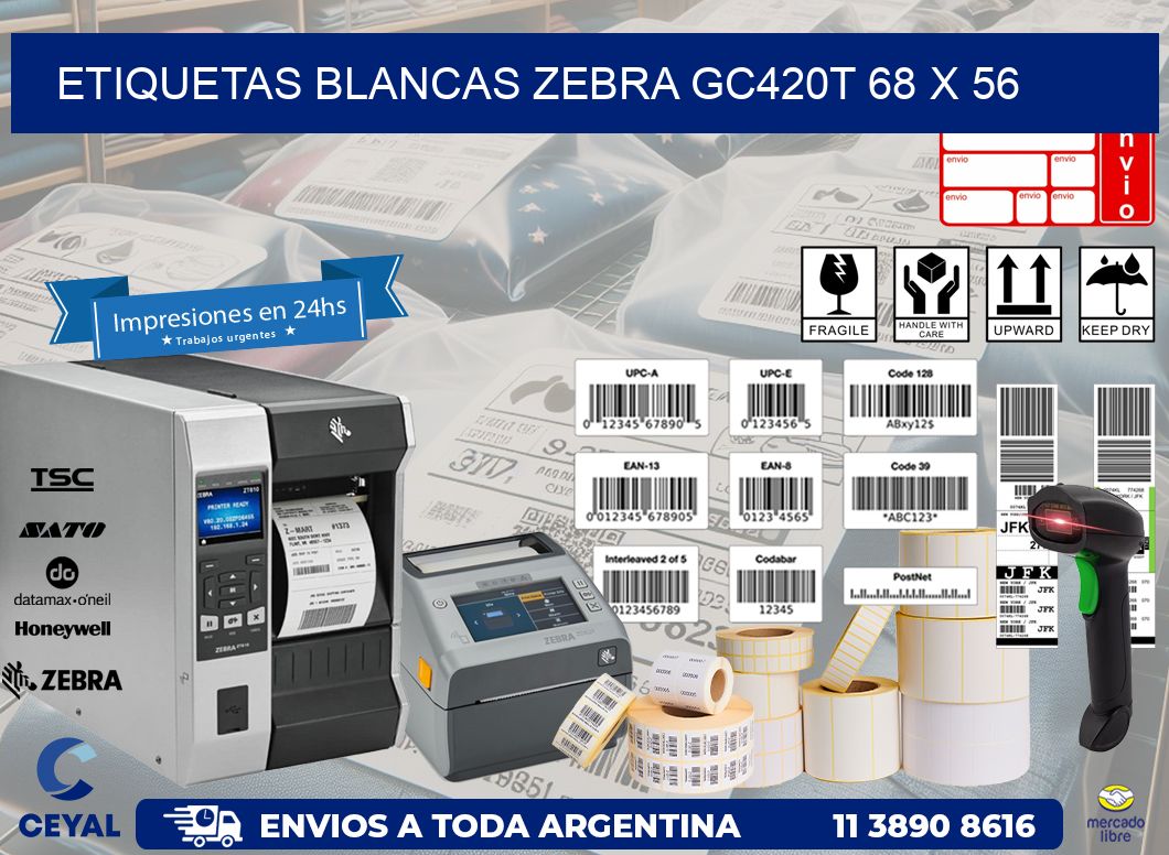 ETIQUETAS BLANCAS ZEBRA GC420T 68 x 56