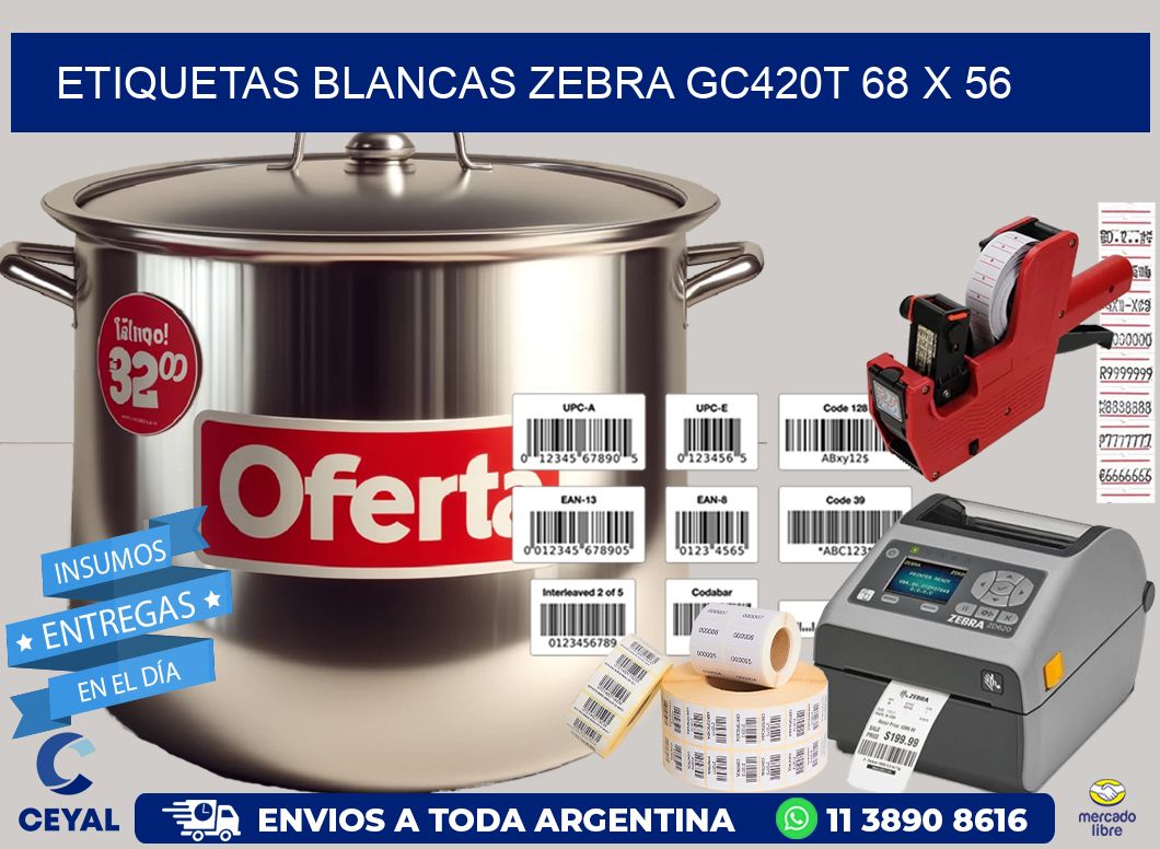 ETIQUETAS BLANCAS ZEBRA GC420T 68 x 56