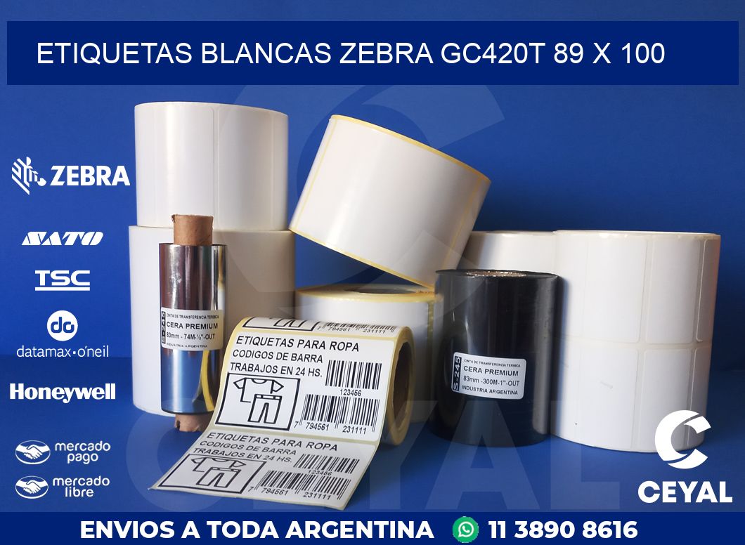 ETIQUETAS BLANCAS ZEBRA GC420T 89 x 100