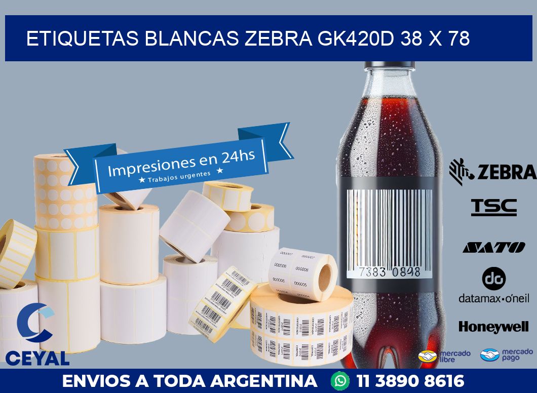 ETIQUETAS BLANCAS ZEBRA GK420D 38 x 78