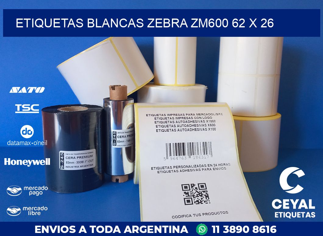 ETIQUETAS BLANCAS ZEBRA ZM600 62 x 26
