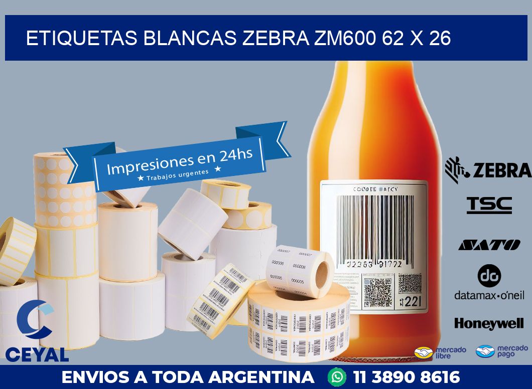 ETIQUETAS BLANCAS ZEBRA ZM600 62 x 26