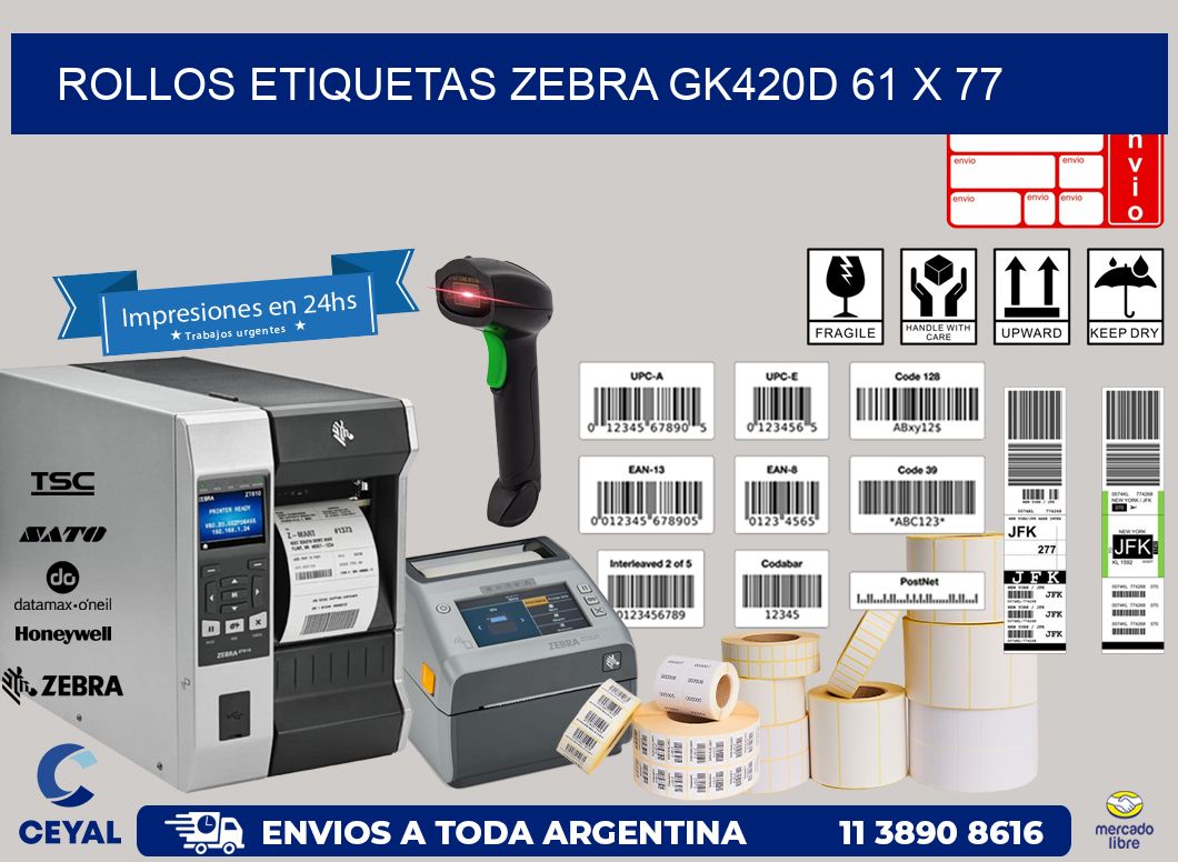ROLLOS ETIQUETAS Zebra GK420D 61 x 77