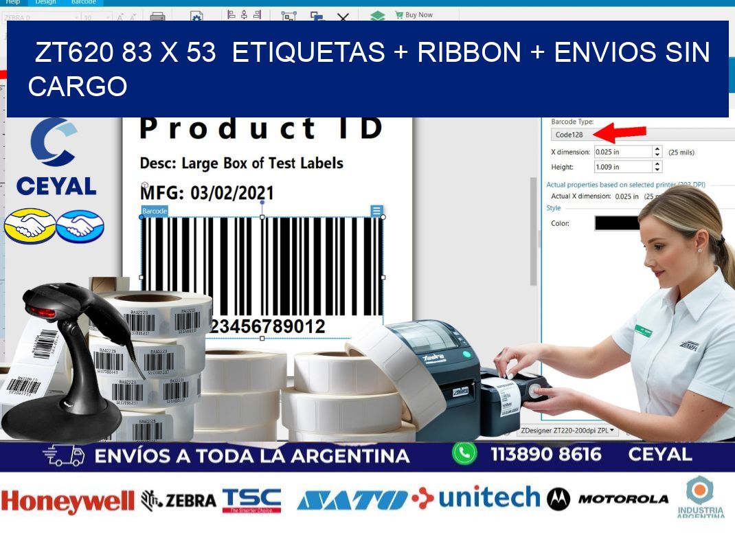 ZT620 83 x 53  etiquetas + ribbon + envios sin cargo