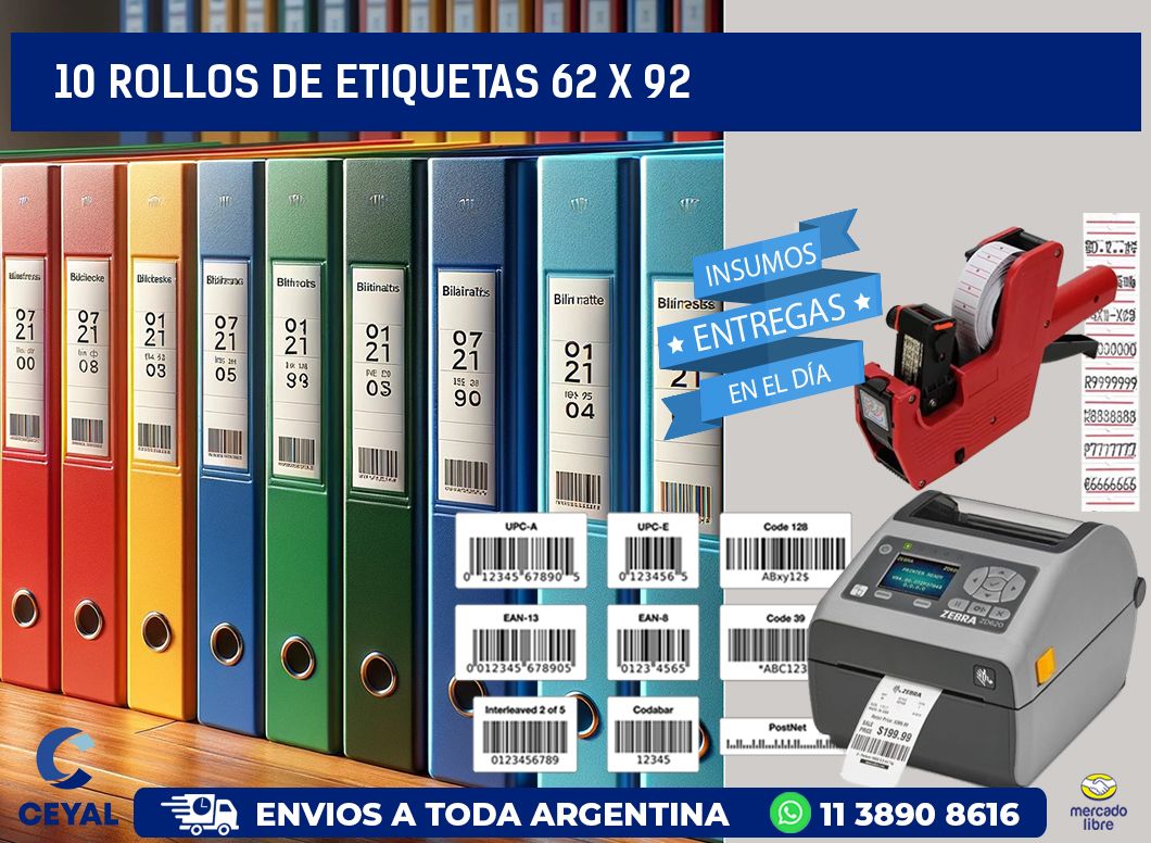 10 ROLLOS DE ETIQUETAS 62 x 92