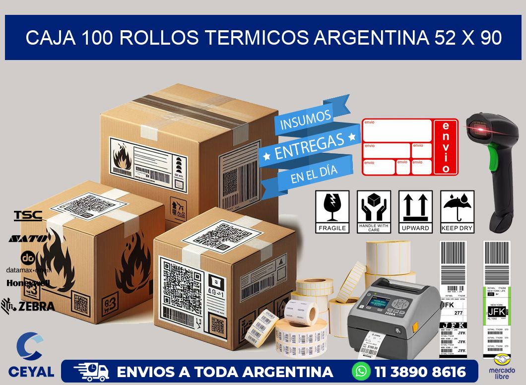 CAJA 100 ROLLOS TERMICOS ARGENTINA 52 x 90