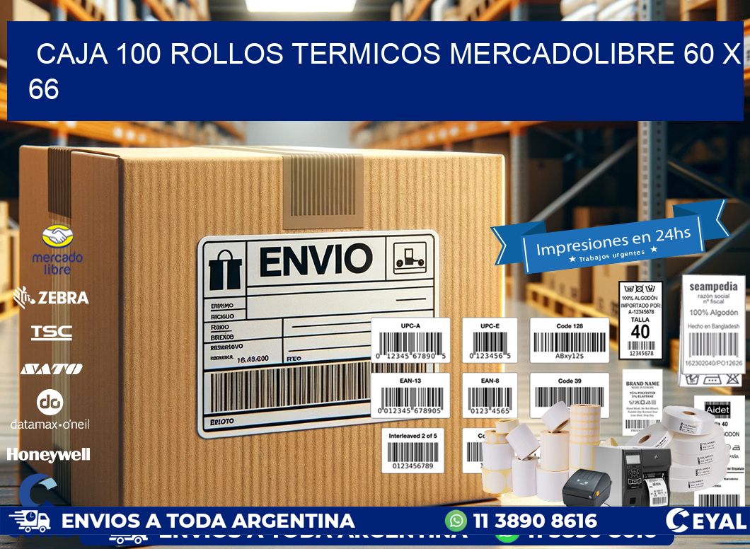 CAJA 100 ROLLOS TERMICOS MERCADOLIBRE 60 x 66