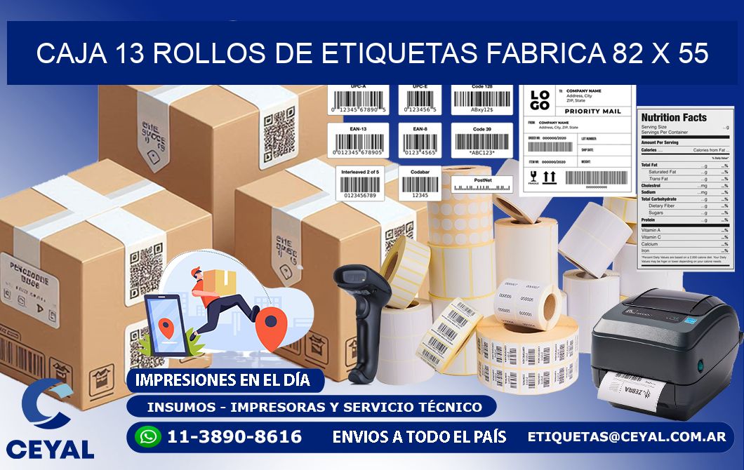 CAJA 13 ROLLOS DE ETIQUETAS FABRICA 82 x 55