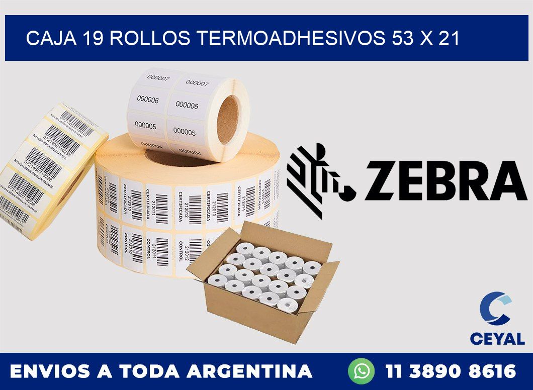 CAJA 19 ROLLOS TERMOADHESIVOS 53 x 21