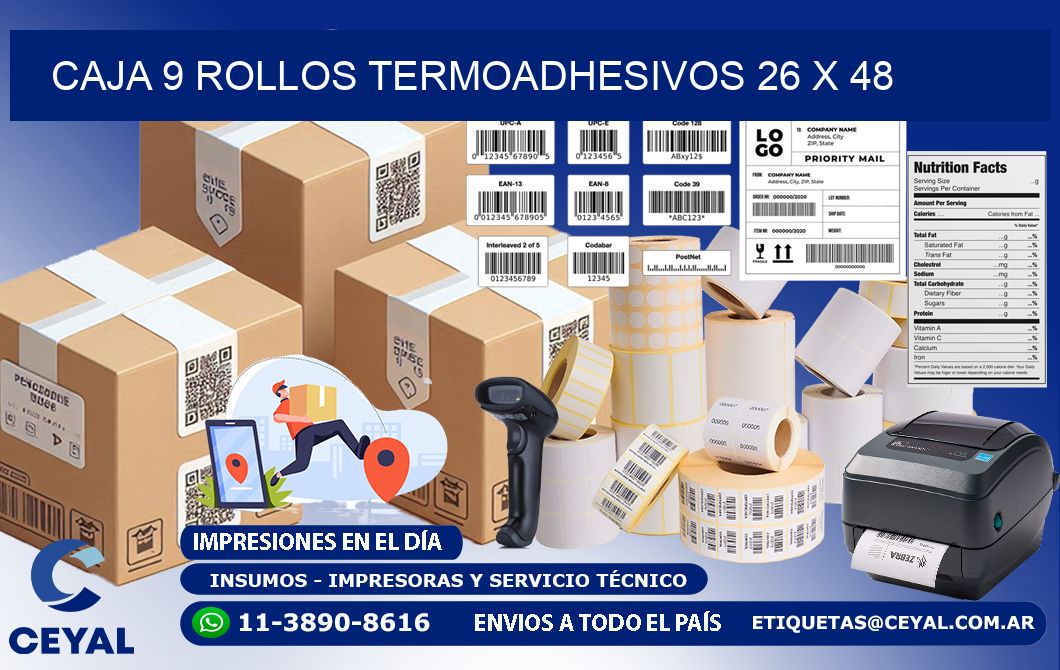 CAJA 9 ROLLOS TERMOADHESIVOS 26 x 48