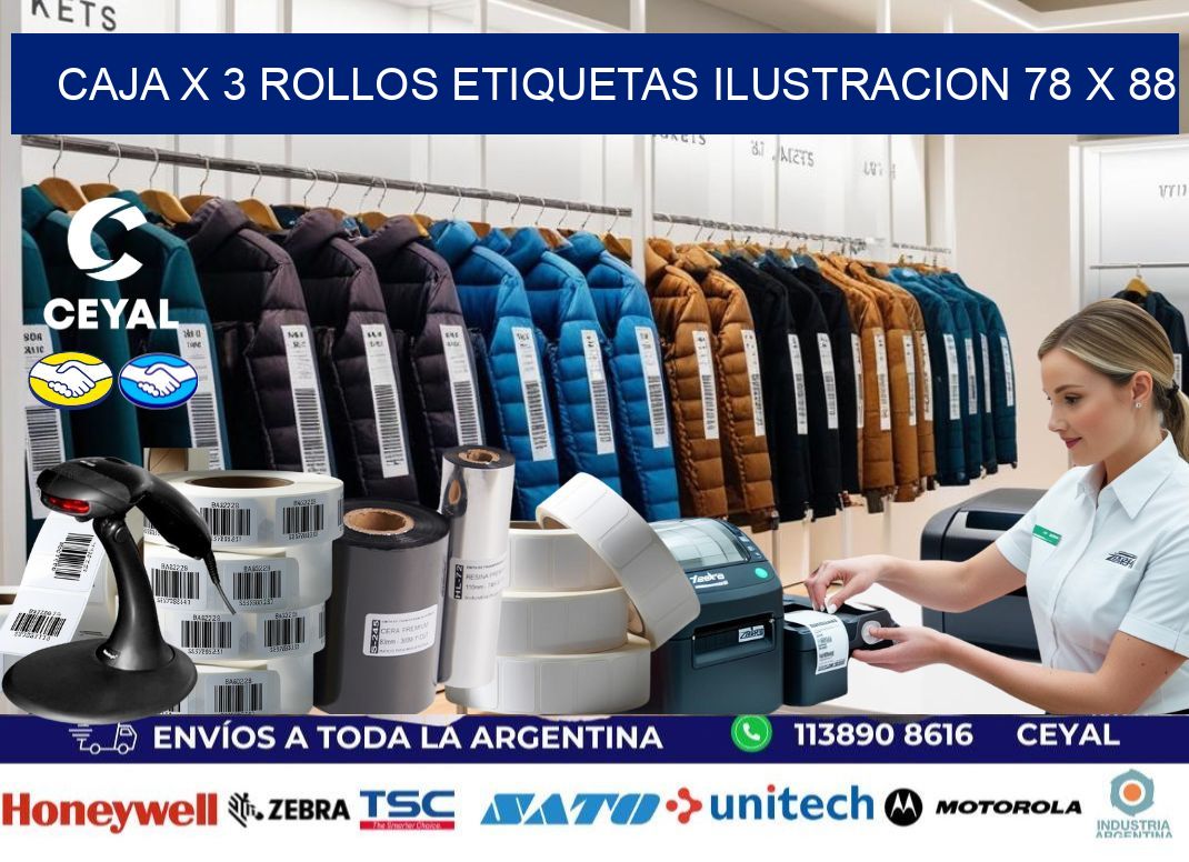Caja X 3 Rollos Etiquetas Ilustracion 78 x 88