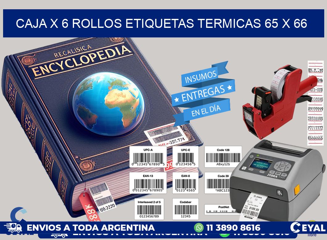 Caja X 6 Rollos Etiquetas termicas 65 x 66