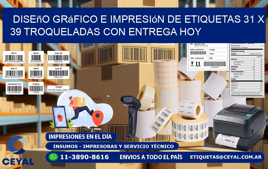 Diseño gráfico e impresión de etiquetas 31 x 39 troqueladas con entrega hoy