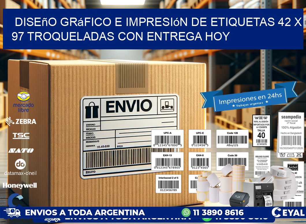 Diseño gráfico e impresión de etiquetas 42 x 97 troqueladas con entrega hoy