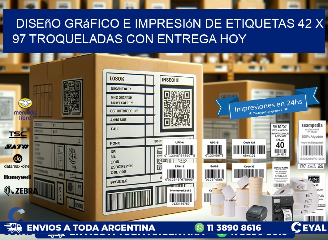Diseño gráfico e impresión de etiquetas 42 x 97 troqueladas con entrega hoy
