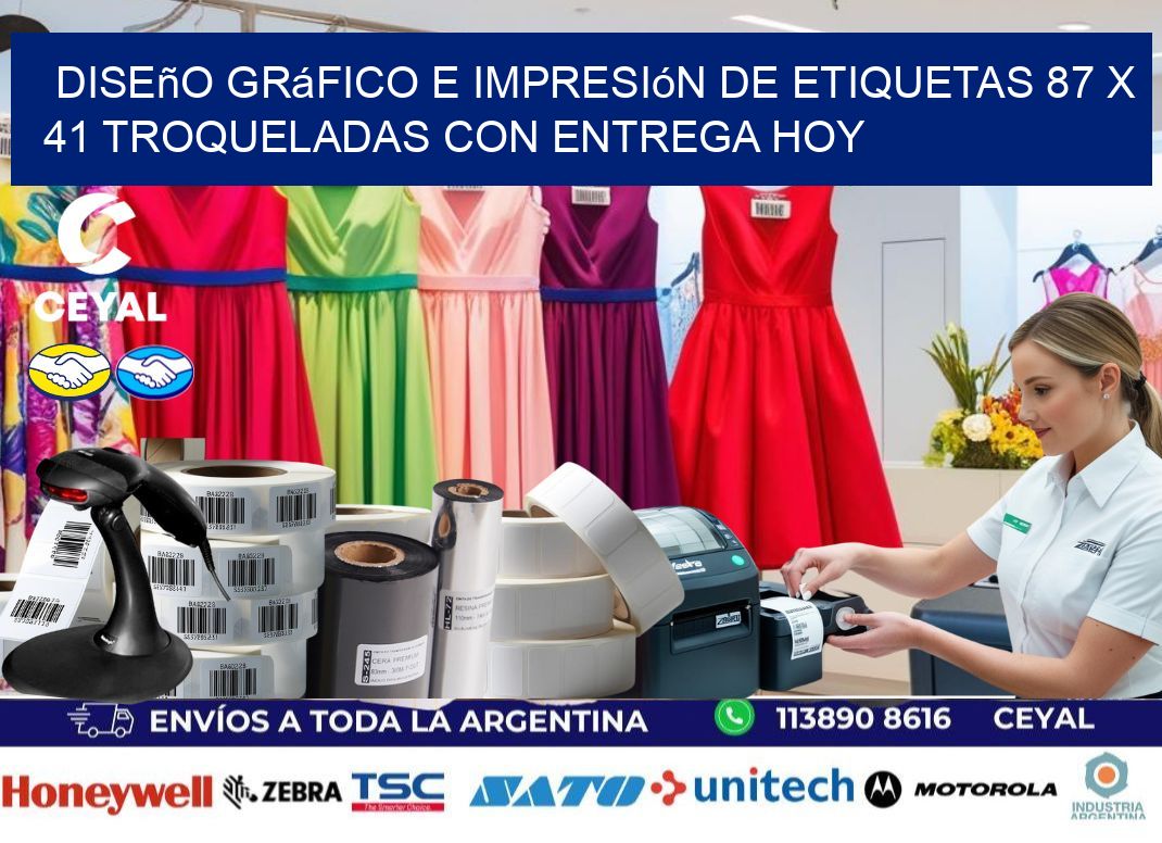 Diseño gráfico e impresión de etiquetas 87 x 41 troqueladas con entrega hoy
