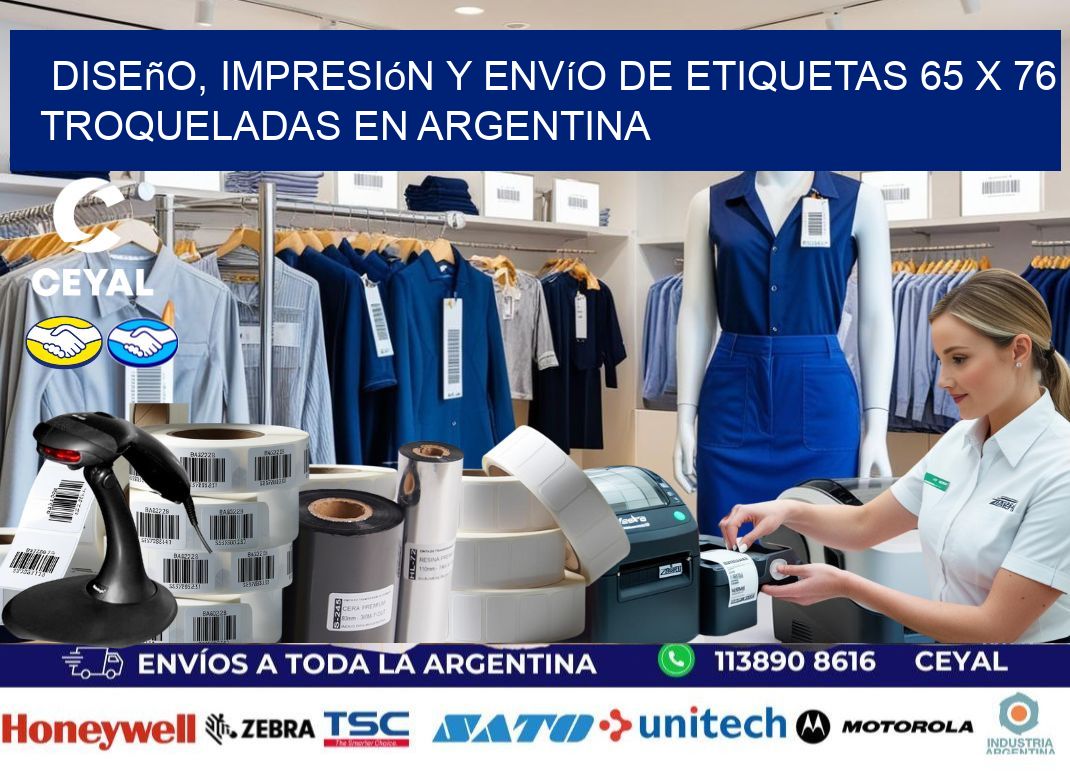 Diseño, impresión y envío de etiquetas 65 x 76 troqueladas en Argentina
