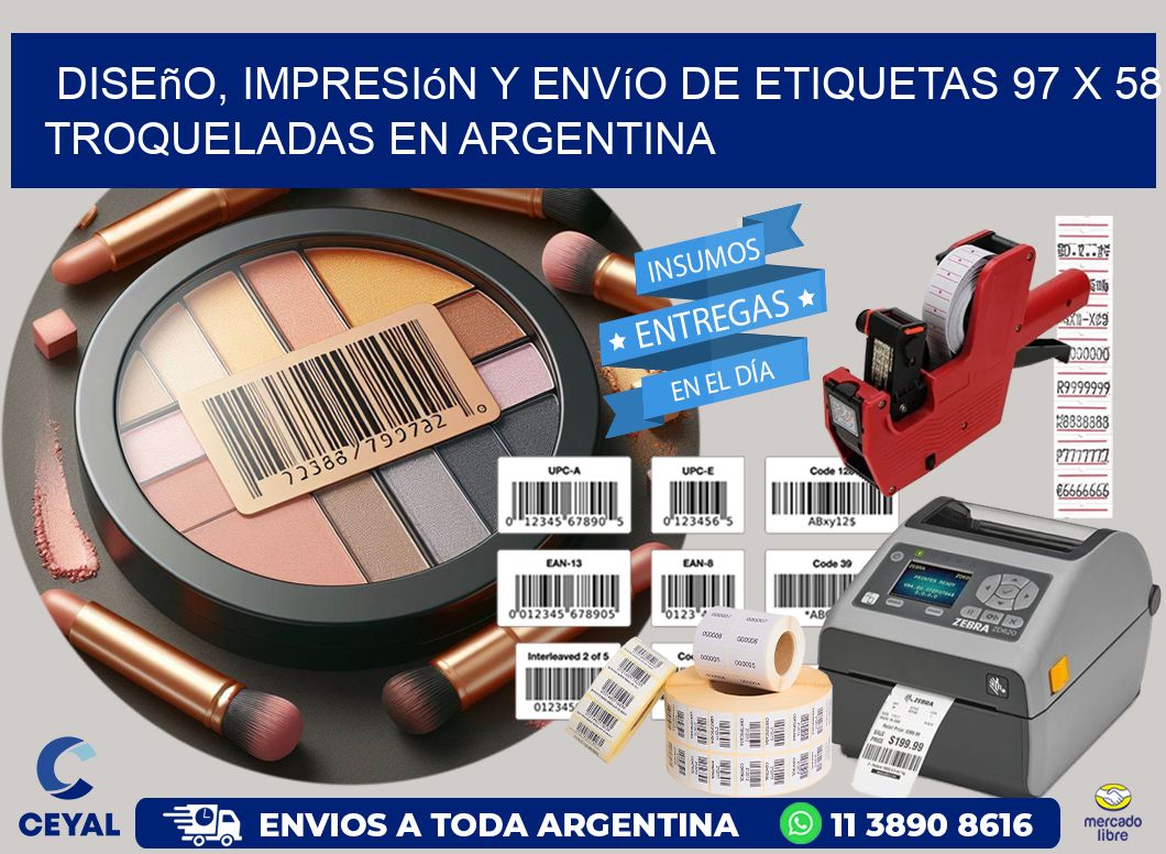 Diseño, impresión y envío de etiquetas 97 x 58 troqueladas en Argentina