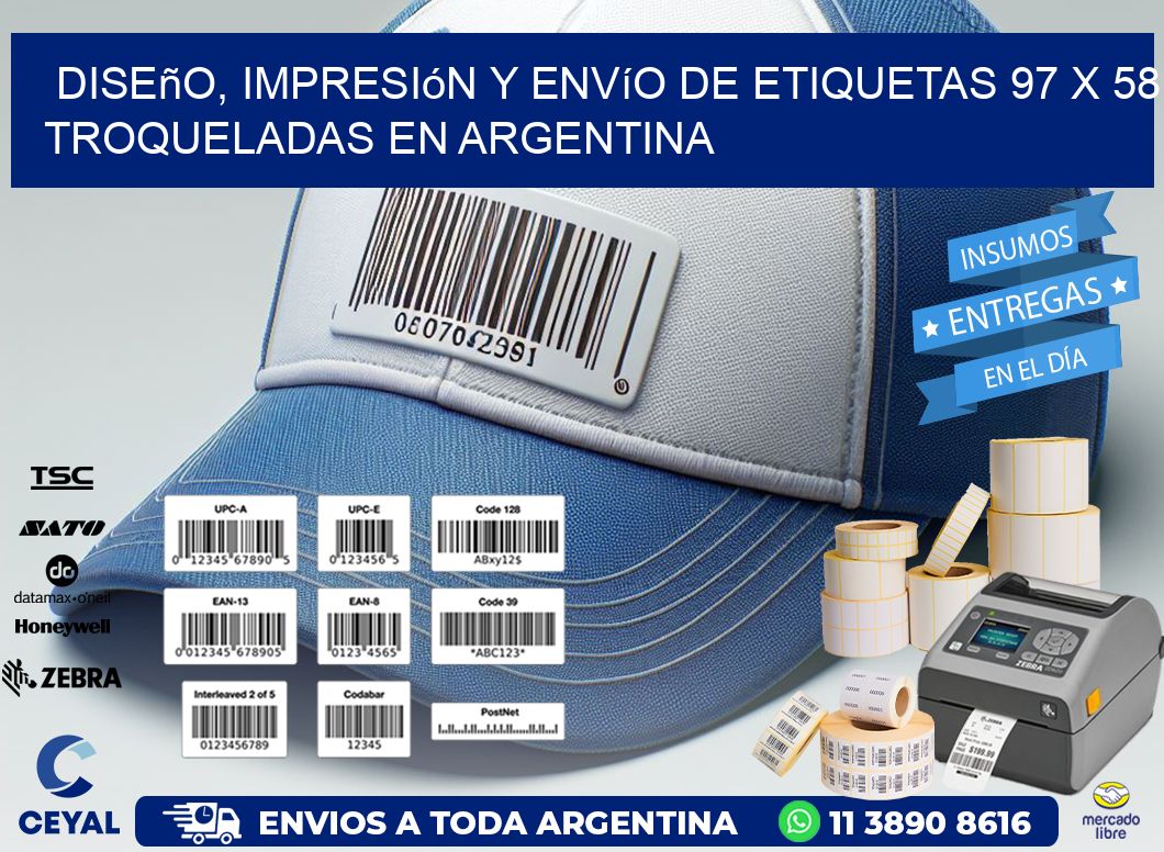 Diseño, impresión y envío de etiquetas 97 x 58 troqueladas en Argentina