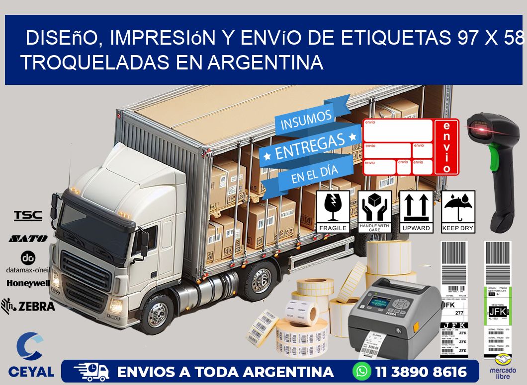 Diseño, impresión y envío de etiquetas 97 x 58 troqueladas en Argentina