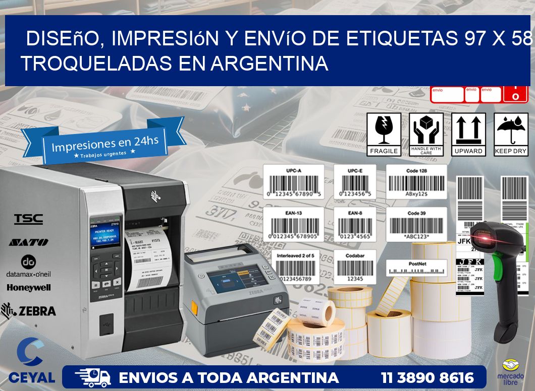 Diseño, impresión y envío de etiquetas 97 x 58 troqueladas en Argentina