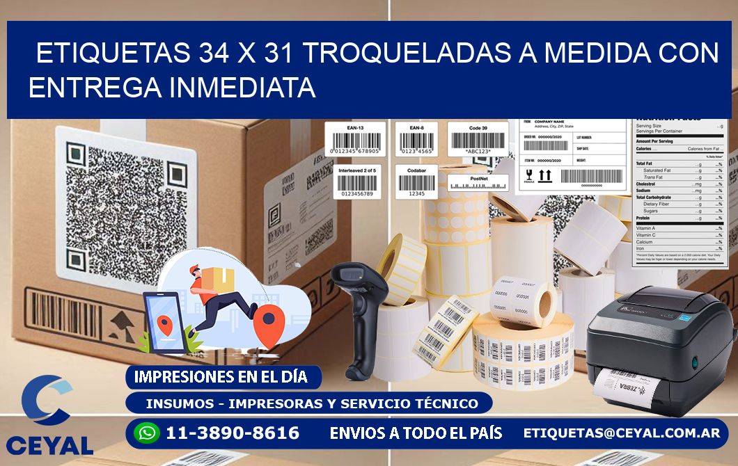 Etiquetas 34 x 31 troqueladas a medida con entrega inmediata