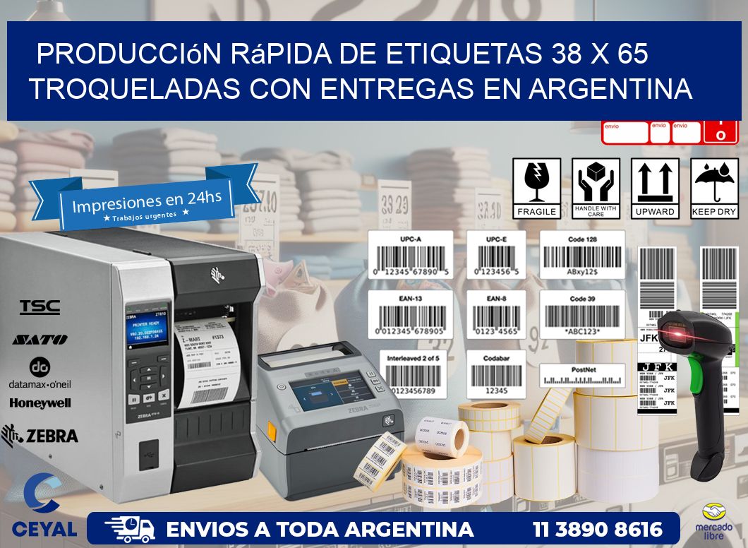 Producción rápida de etiquetas 38 x 65 troqueladas con entregas en Argentina