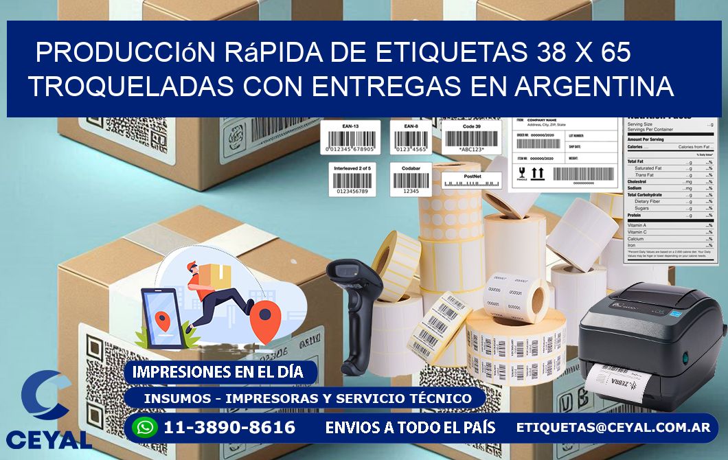 Producción rápida de etiquetas 38 x 65 troqueladas con entregas en Argentina