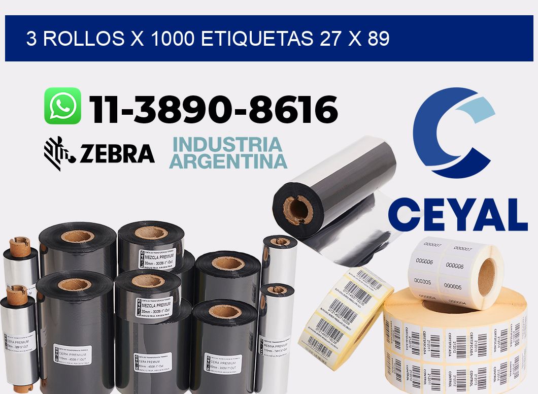 3 rollos x 1000 etiquetas 27 x 89