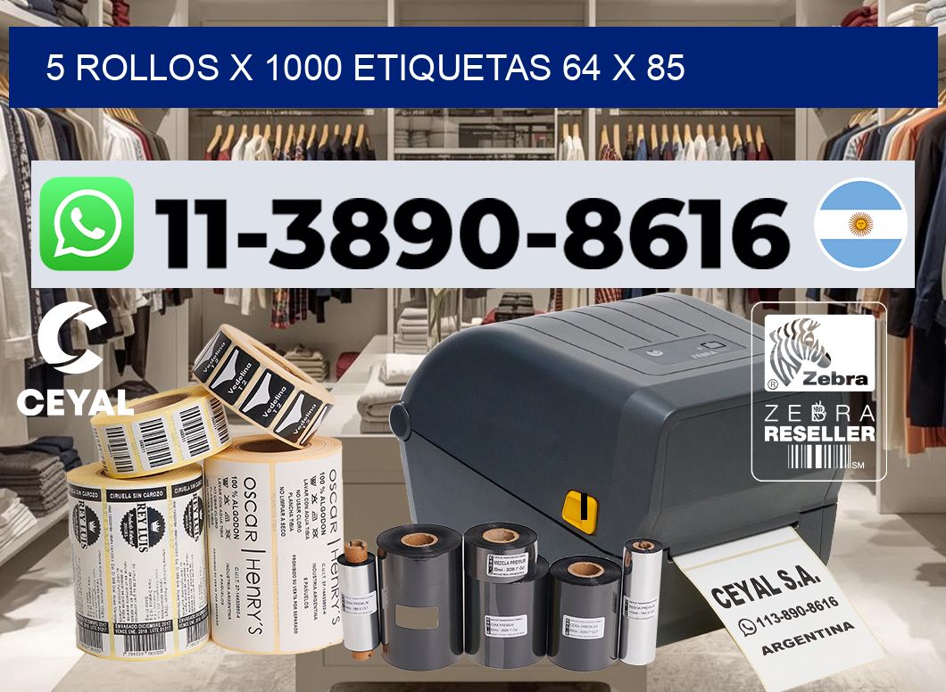 5 rollos x 1000 etiquetas 64 x 85