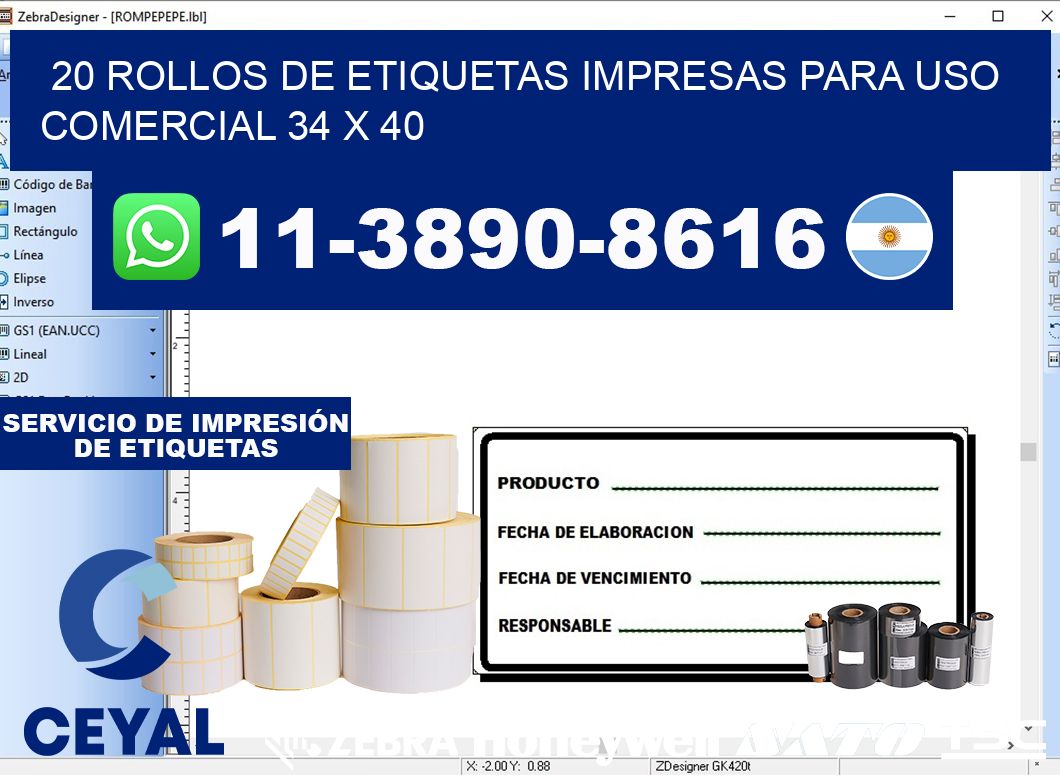 20 rollos de etiquetas impresas para uso comercial 34 x 40