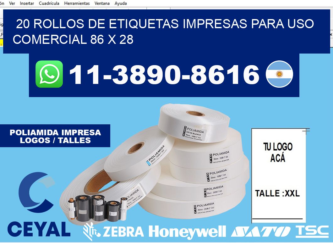 20 rollos de etiquetas impresas para uso comercial 86 x 28