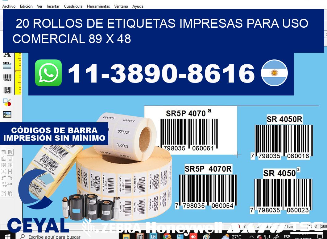20 rollos de etiquetas impresas para uso comercial 89 x 48