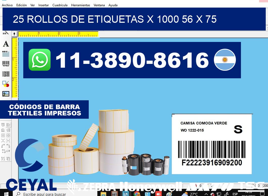 25 rollos de etiquetas x 1000 56 x 75