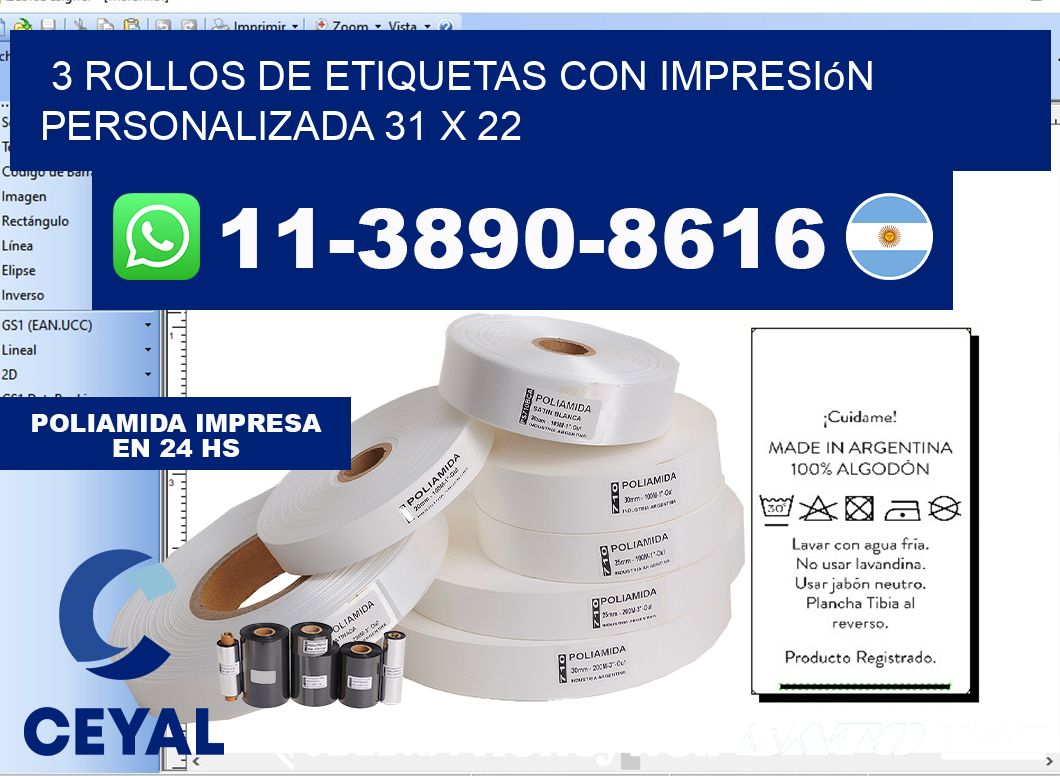 3 rollos de etiquetas con impresión personalizada 31 x 22
