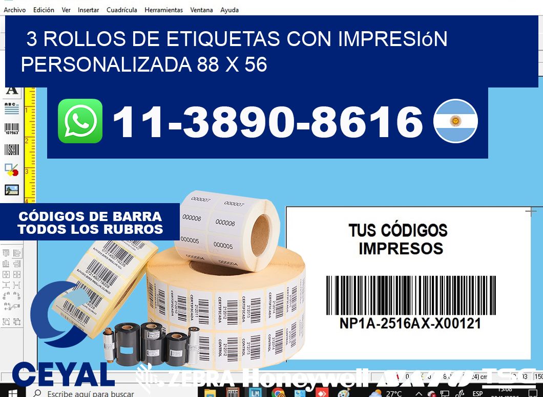 3 rollos de etiquetas con impresión personalizada 88 x 56