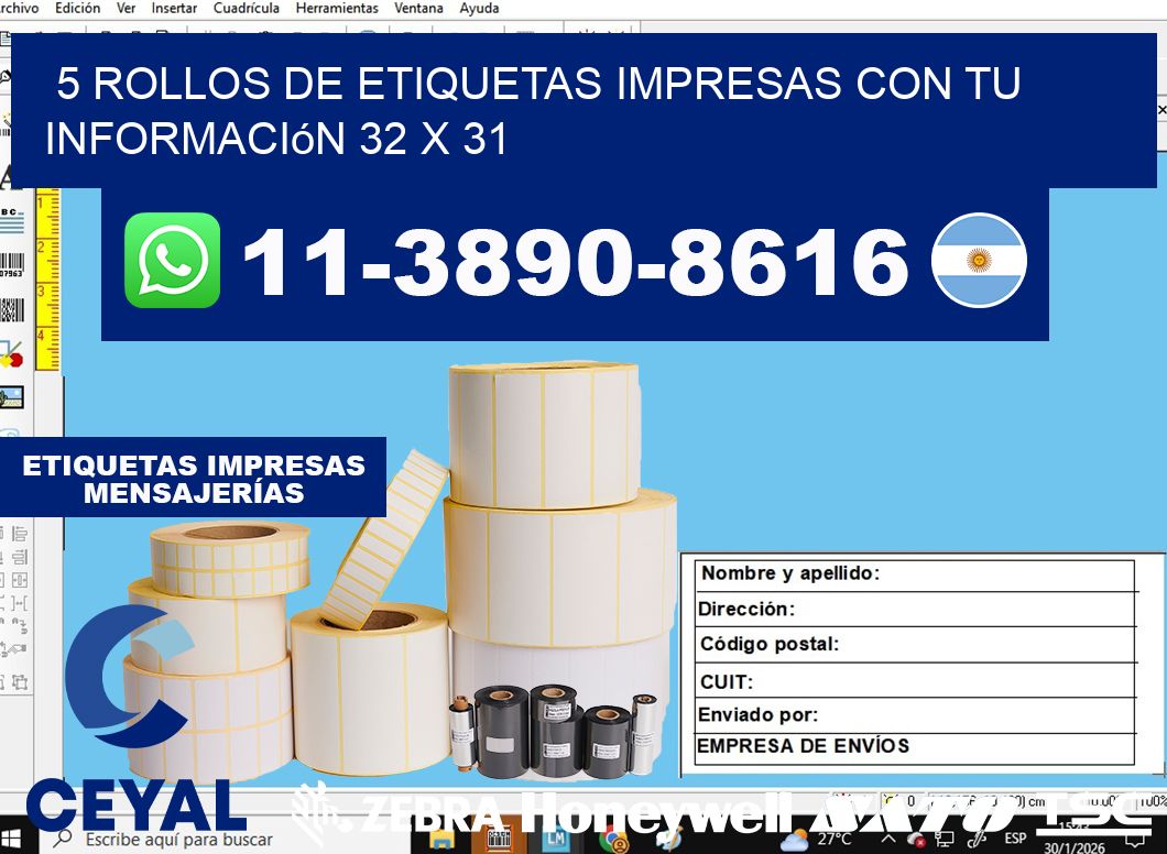 5 rollos de etiquetas impresas con tu información 32 x 31
