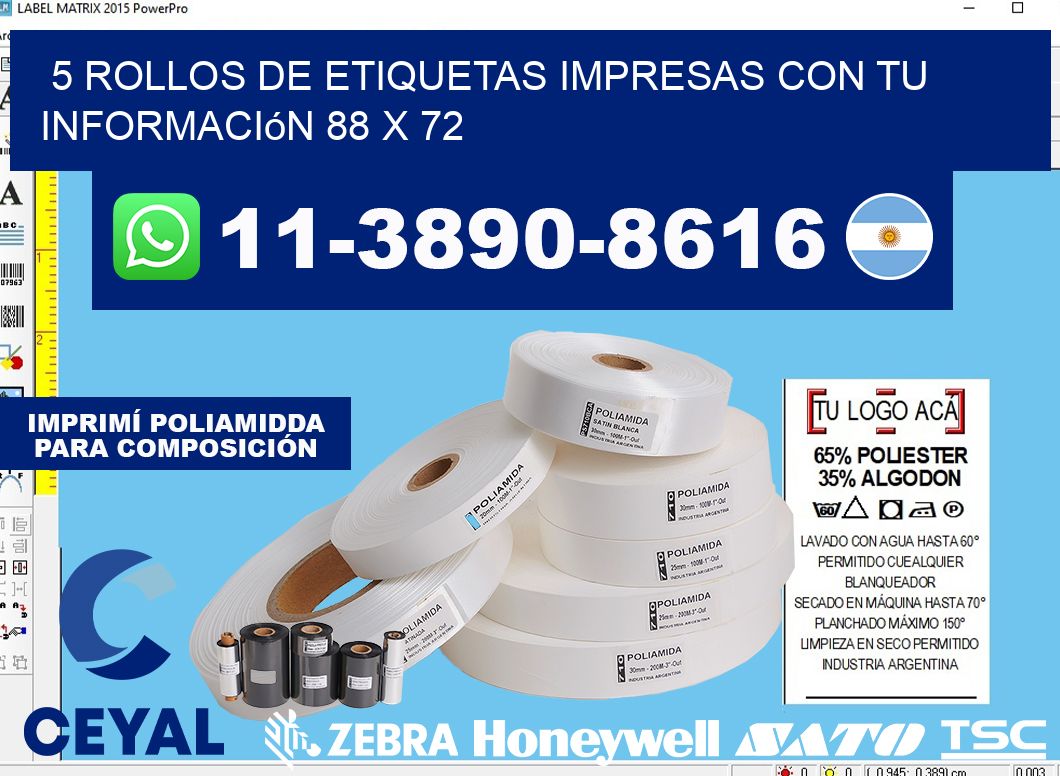 5 rollos de etiquetas impresas con tu información 88 x 72