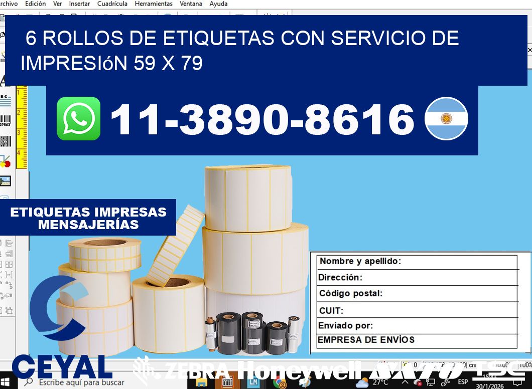6 rollos de etiquetas con servicio de impresión 59 x 79