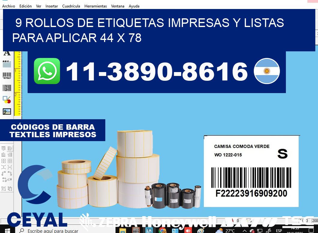 9 rollos de etiquetas impresas y listas para aplicar 44 x 78